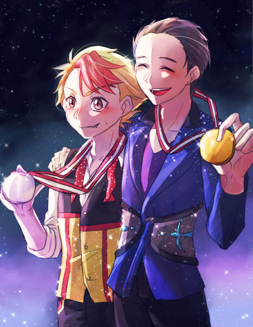 2boys, ^_^, agatsu_yudume, black_hair, blonde_hair, blush, brown_eyes, closed_eyes