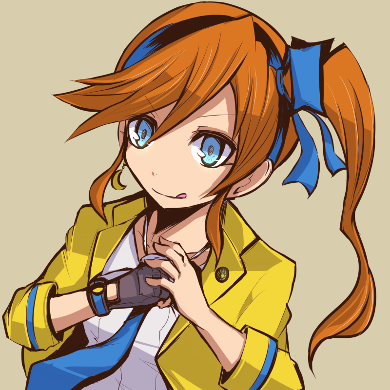 1girl, artist_request, blue_eyes, blue_necktie, brown_hair, crescent, crescent_earrings, cropped_jacket