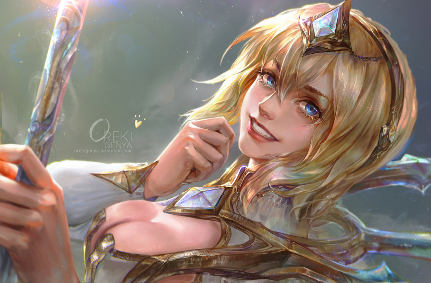 artist_name, blonde_hair, blue_eyes, breasts, cleavage, diadem, elementalist_lux, eyelashes