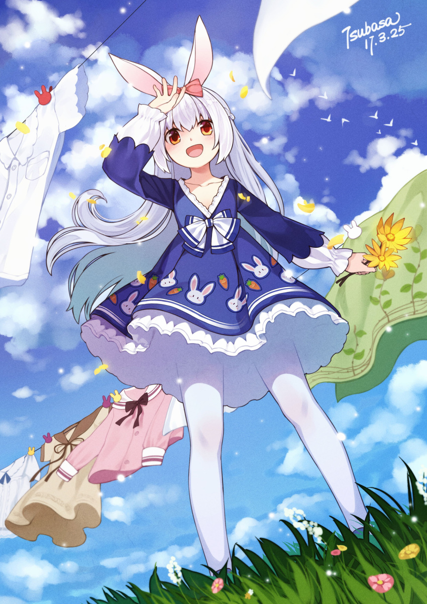 1girl, :d, absurdres, animal_ears, animal_print, arm_up, black_bow, black_bowtie