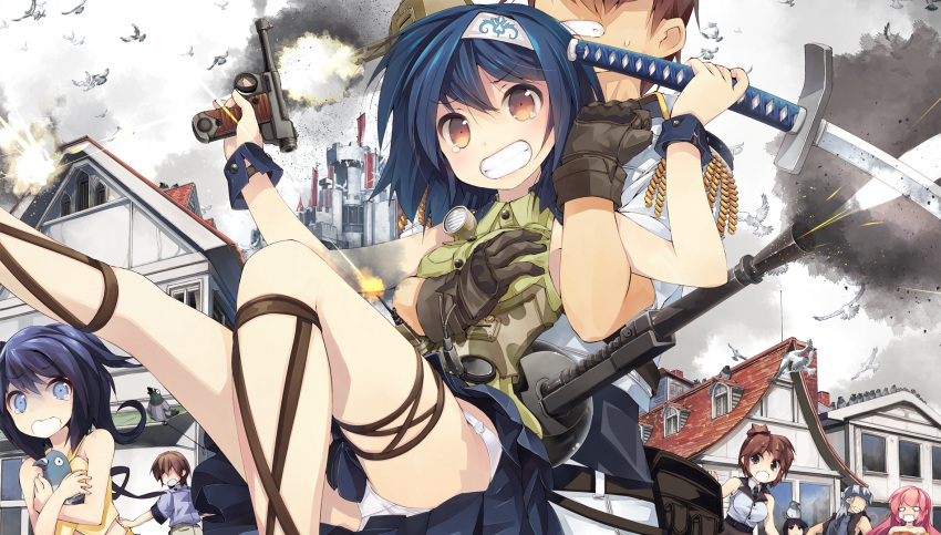 1boy, blue_hair, breast_grab, brown_eyes, chihaya_(x-overd), cityscape, clenched_teeth, firing