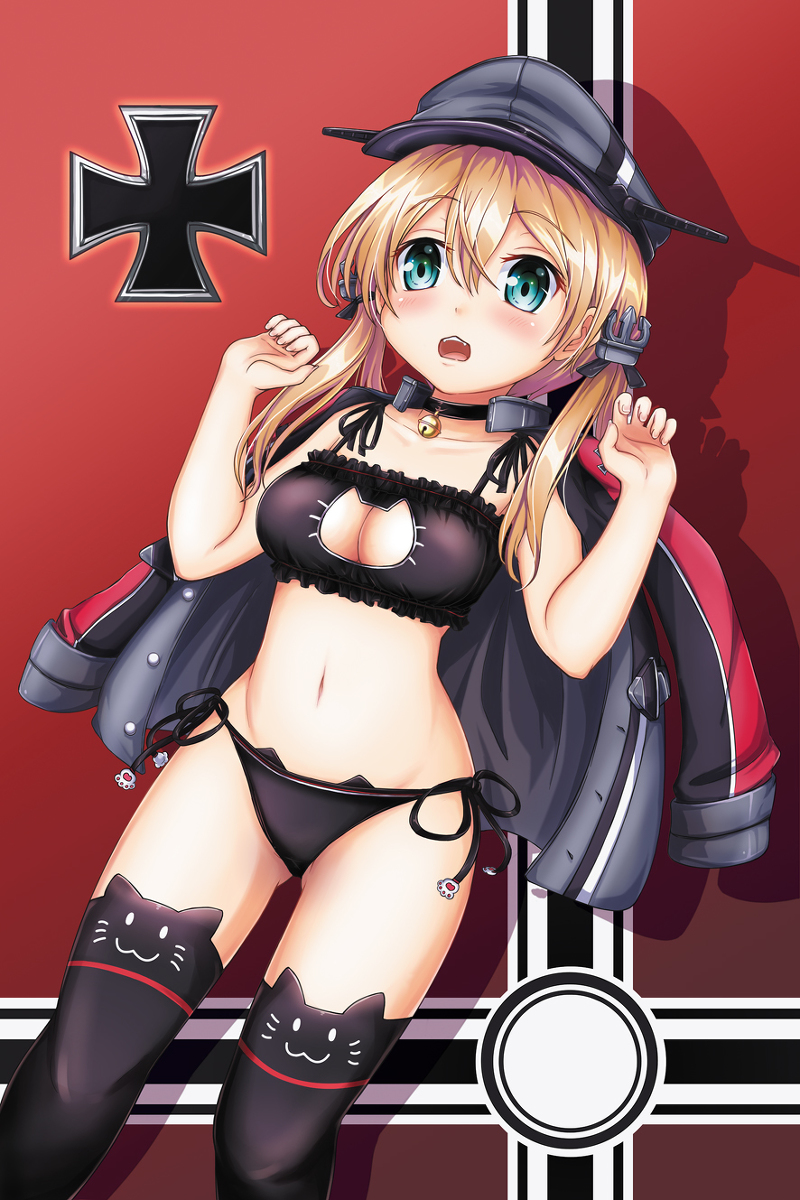 1girl, anchor_hair_ornament, aqua_eyes, bangs, bell, bell_choker, black_bra, black_legwear