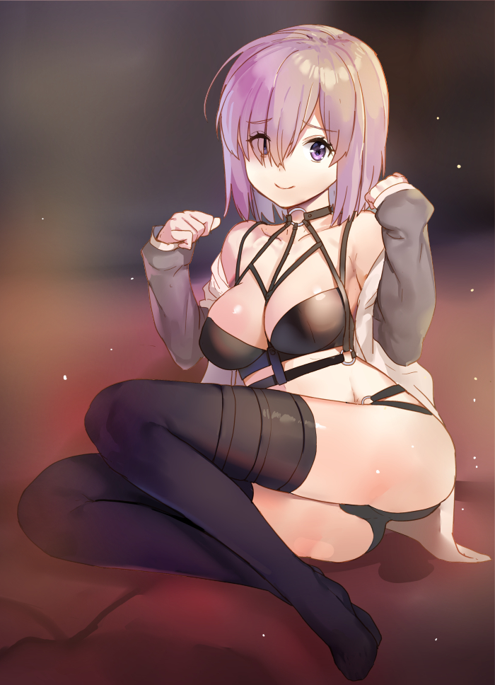 ass, black_bra, black_legwear, black_panties, bra, breasts, cleavage, eyebrows_visible_through_hair