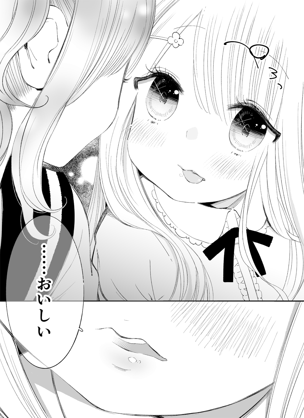2girls, blush, comic, face, highres, lips, monochrome, multiple_girls