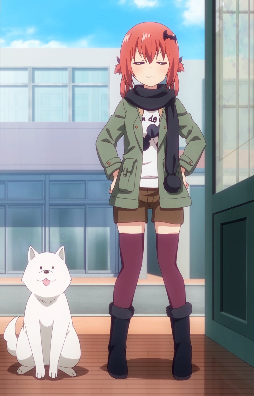 1girl, boots, dog, gabriel_dropout, highres, kurumizawa_satanichia_mcdowell, screencap, thigh-highs
