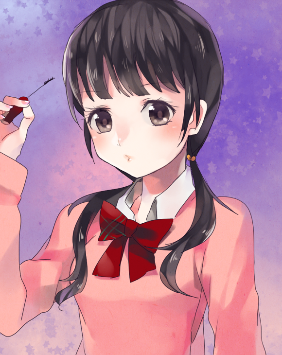 1girl, black_eyes, black_hair, chihayafuru, eyelash_curler, hanano_sumire, looking_at_viewer, nail_polish