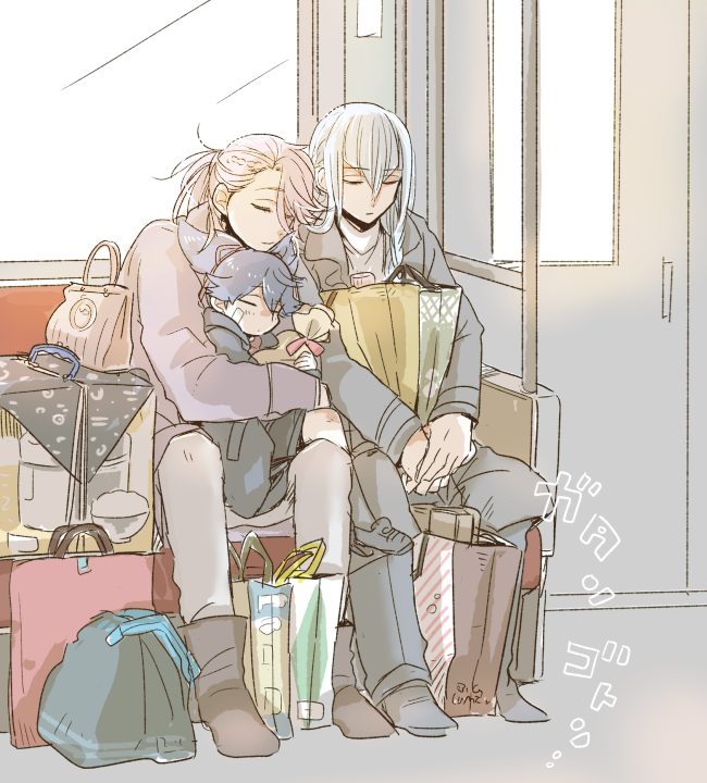 3boys, age_difference, araragimine, bag, bandaid, bandaid_on_face, blue_hair, box