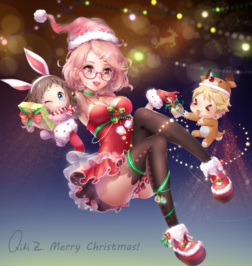 >_<, 1boy, 2girls, :3, :d, ;), animal_costume, animal_ears