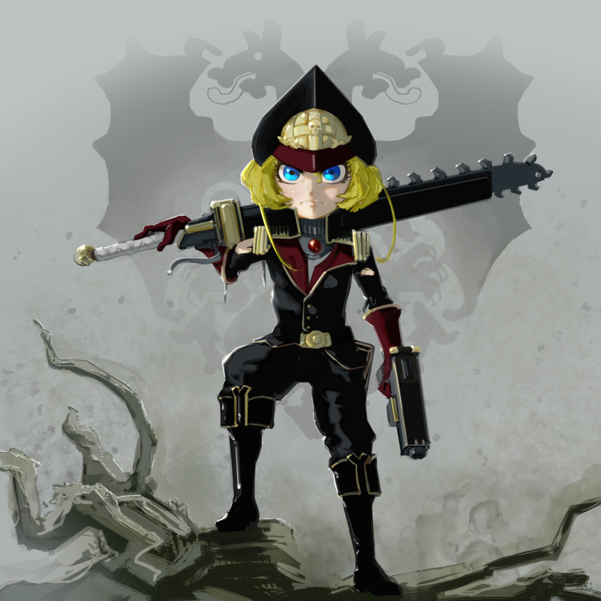 1girl, blonde_hair, blue_eyes, boots, chainsword, gun, highres, military