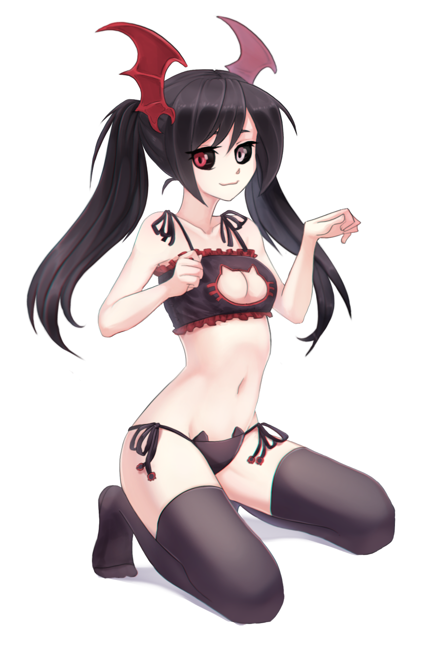 1girl, bat, black_hair, black_sclera, cat_cutout, cat_ear_panties, cat_keyhole_bra, cat_lingerie