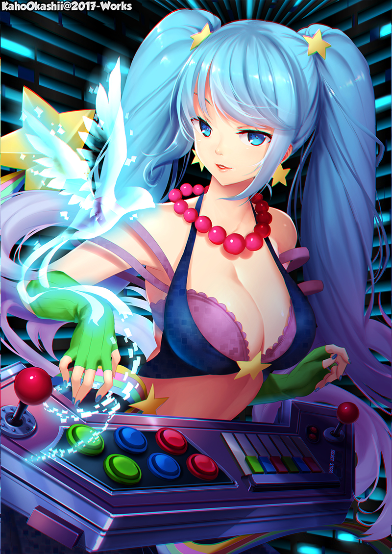 1girl, arcade_sona, blue_eyes, blue_hair, blush, league_of_legends, long_hair, piano