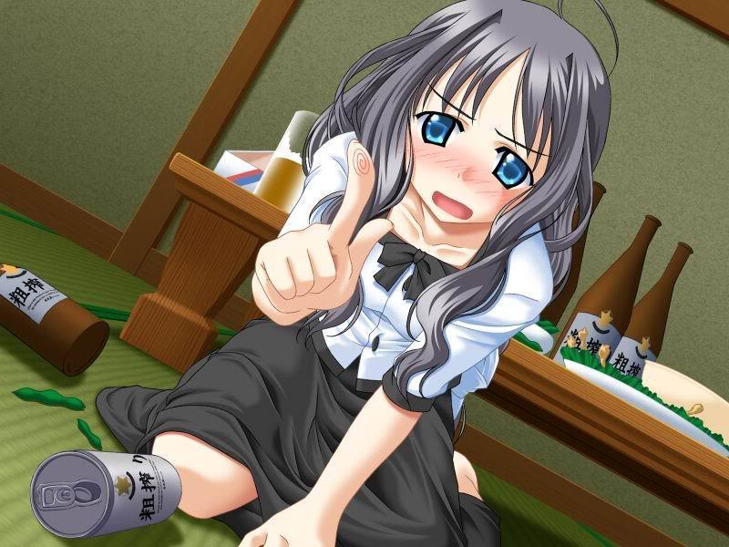1girl, 800x600, alcohol, beer_cans, blue_eyes, blush, bottles, bow_tie, dress, drunk, grey_hair, long_hair, looking_at_viewer, solo, tagme