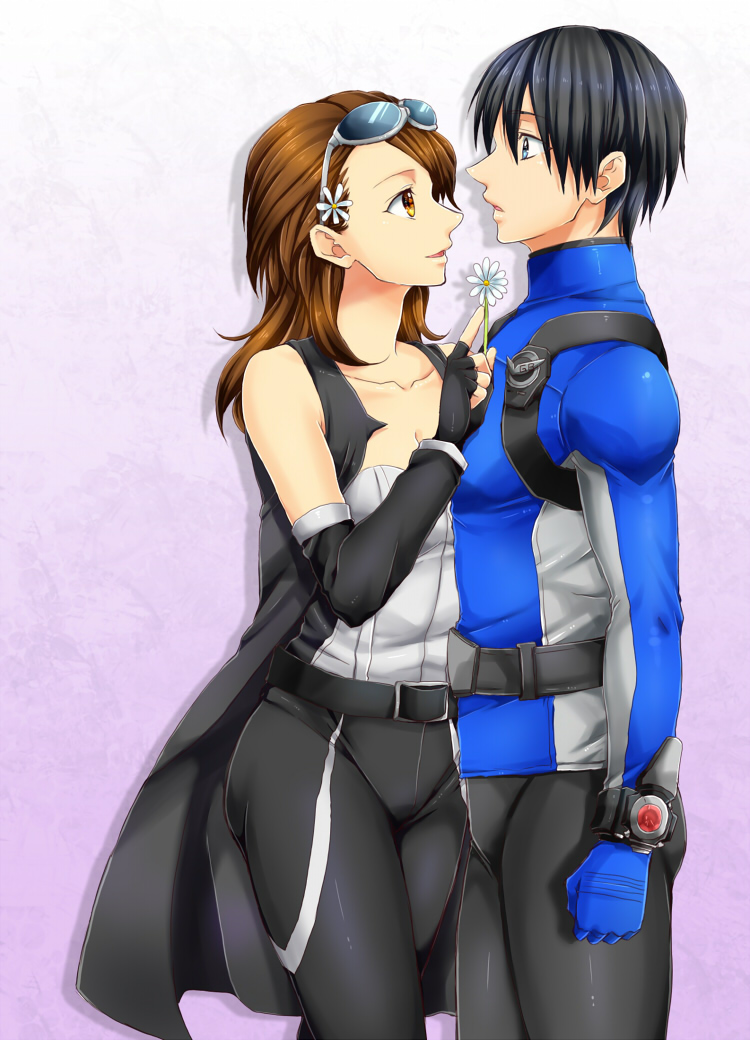 1boy, 1girl, artist_request, black_hair, blue_buster, brown_hair, escape_(go-busters), iwasaki_ryuuji