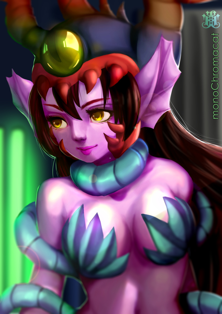 absurdres, alien, breasts, brown_hair, digital_media_(artwork), female, fin, gold_eyes, head_fin, horn, living_clothes, long_hair, monochromacat, psyme, purple_skin, sigma_star_saga, skimpy, solo, symbiote, tentacle, wayforward, yellow_eyes