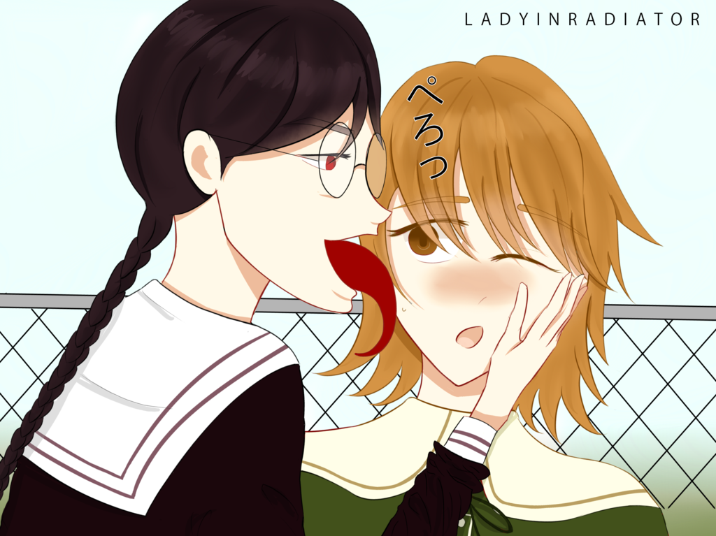 1boy, 1girl, black_skirt, blush, braid, brown_eyes, brown_hair, dangan_ronpa, dangan_ronpa_1, fujisaki_chihiro, fukawa_touko, genocider_shou, girly, glasses, hair, ladyinradiator, licking, long_tongue, pleated_skirt, purple_hair, red_eyes, school_uniform, short_hair, skirt, smile, tagme, tongue, trap, upper_body