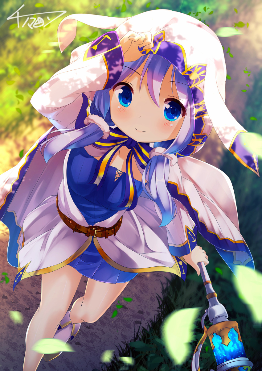1girl, alternate_costume, alternate_hairstyle, animal_ears, animal_hood, bangs, belt, blue_dress