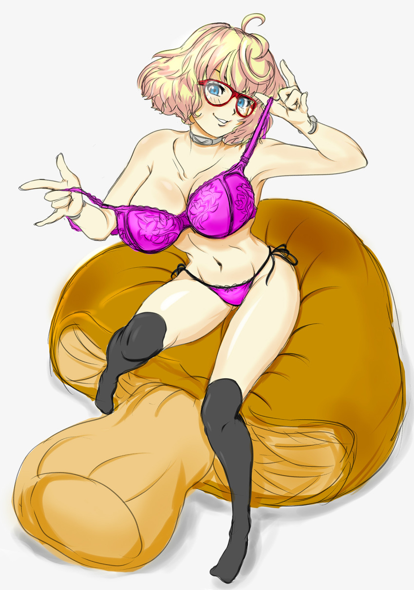 1girl, annie_brown, blonde_hair, blue_eyes, bra, breasts, choker, cleavage, from_above, glasses, highres, looking_at_viewer, panties, parted_lips, purple_bra, purple_panties, red-framed_eyewear, shimoneta_to_iu_gainen_ga_sonzai_shinai_taikutsu_na_sekai, sitting, sketch, smile, solo, thigh-highs, underwear, viperxtr