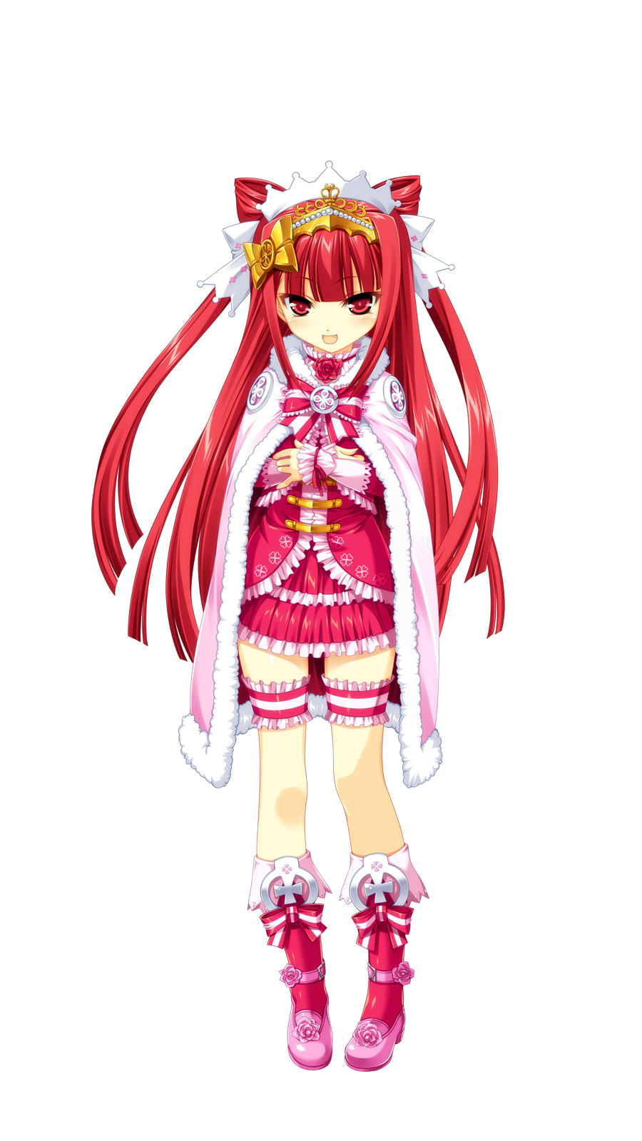 1girl, bangs, beatmania, beatmania_iidx, boots, cape, crown, detached_sleeves, dress, eyebrows_visible_through_hair, frills, full_body, fur_trim, hair_ornament, highres, jewelry, kinoshita_ichi, knee_boots, long_hair, looking_at_viewer, open_mouth, pleated_skirt, red_dress, red_eyes, red_hair, redhead, ribbon, short_dress, simple_background, skirt, smile, solo, thigh_strap, umegiri_ameto, white_background