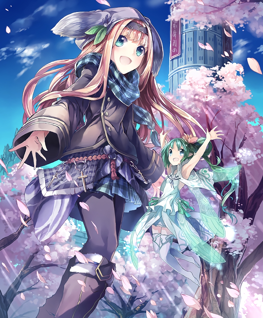 2girls, animal_ears, animal_hat, aqua_eyes, artist_request, blonde_hair, blue_eyes, boots, cherry_blossoms, cross, cygames, fairy, fairy_wings, fake_animal_ears, freshman_lou, green_hair, hat, jacket, long_hair, multiple_girls, official_art, pantyhose, petals, scarf, shadowverse, shingeki_no_bahamut, skirt, smile, tower, tree, wings