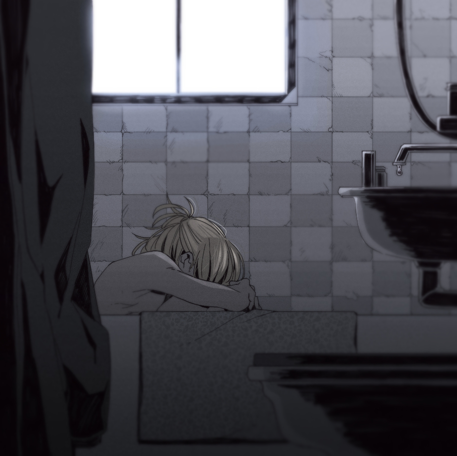1boy, bathroom, bathtub, blonde_hair, con_potata, curtains, male_focus, nude