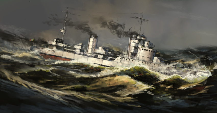 abe_yasushi_(umizoi_tibet), commentary_request, destroyer, italian_kingdom_flag, military, military_vehicle, navigatori-class_destroyer, no_humans, ocean, regia_marina, ship, smokestack, turret, warship, watercraft, waves