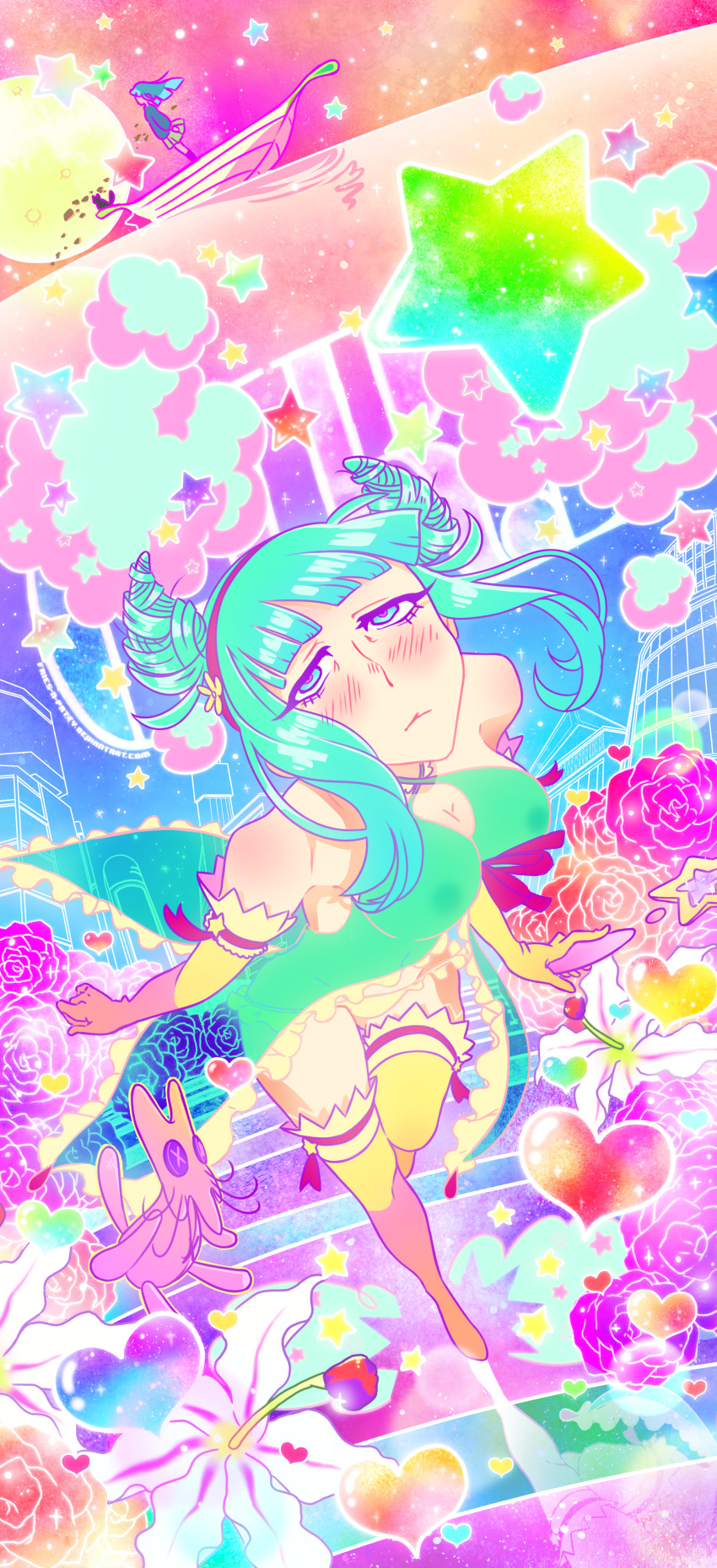 1girl, absurdres, aqua_eyes, aqua_hair, babydoll, boat, clouds, flower