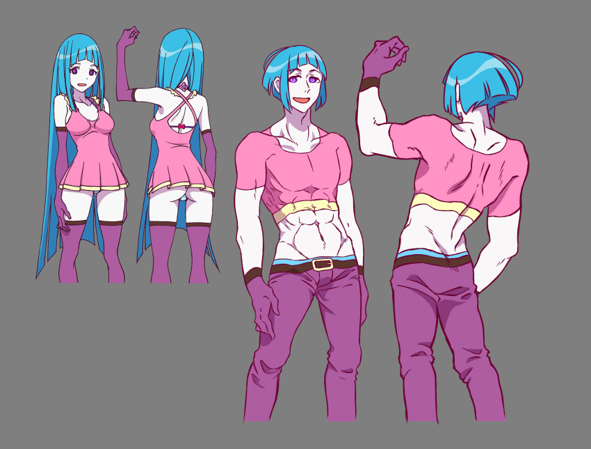 1boy, 1girl, abs, adonis_belt, aqua_hair, character_sheet, crop_top, denim, dress, elbow_gloves, genderswap, genderswap_(ftm), gloves, grey_background, highres, japan_animator_expo, jeans, long_hair, male_focus, me!me!me!, meme_(me!me!me!), multiple_views, muscle, pants, patt-fry, purple_gloves, short_hair, simple_background, skin_tight, sleeveless, sleeveless_dress, smile, turnaround, violet_eyes