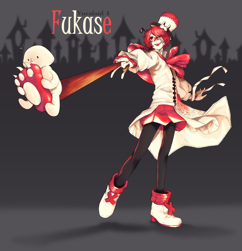 1boy, absurdres, asymmetrical_clothes, bandage, bandaid, bandaid_on_nose, boots, cane