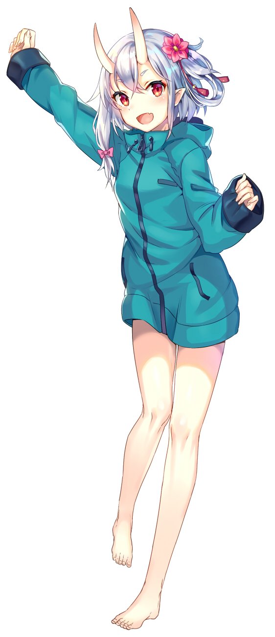 >:d, 1girl, :d, arm_up, bare_legs, barefoot, bow, character_request
