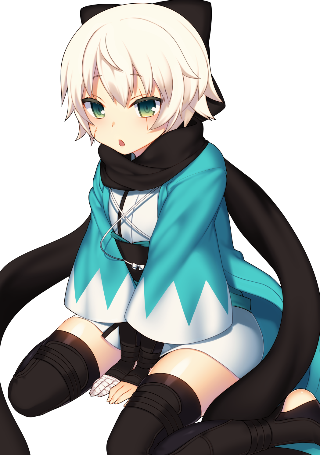 1girl, ahoge, assassin_of_black, bandage, black_legwear, bow, commentary_request, cosplay