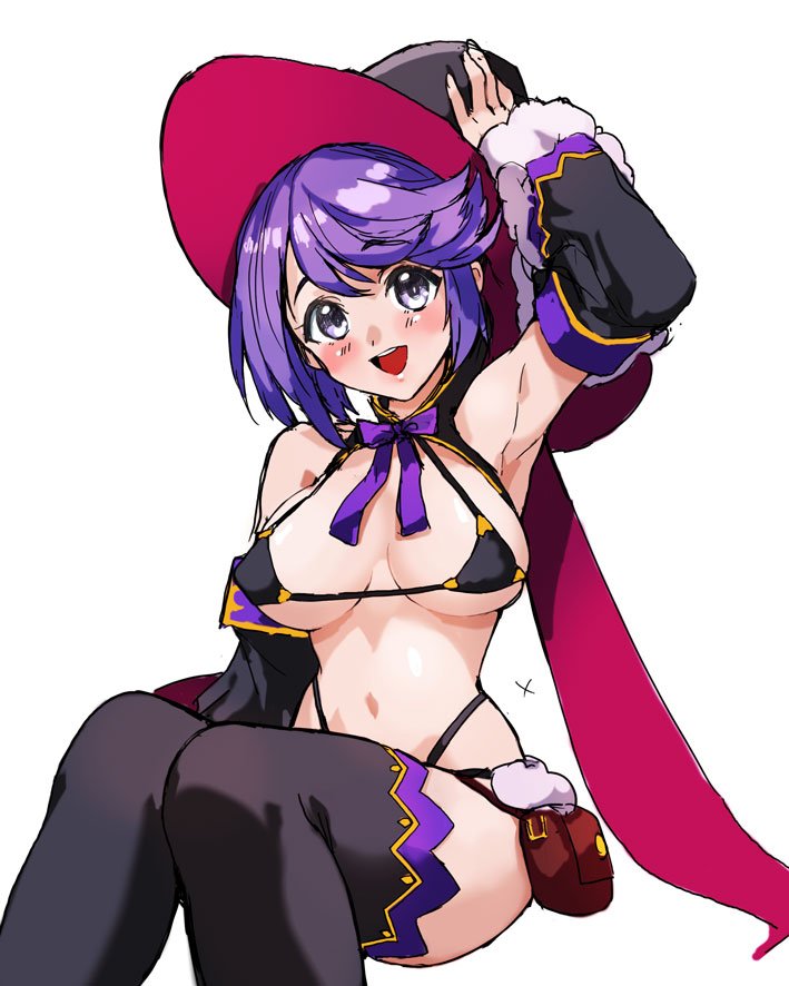 1girl, :d, arm_up, armpits, bangs, bikini, bikini_warriors, black_legwear