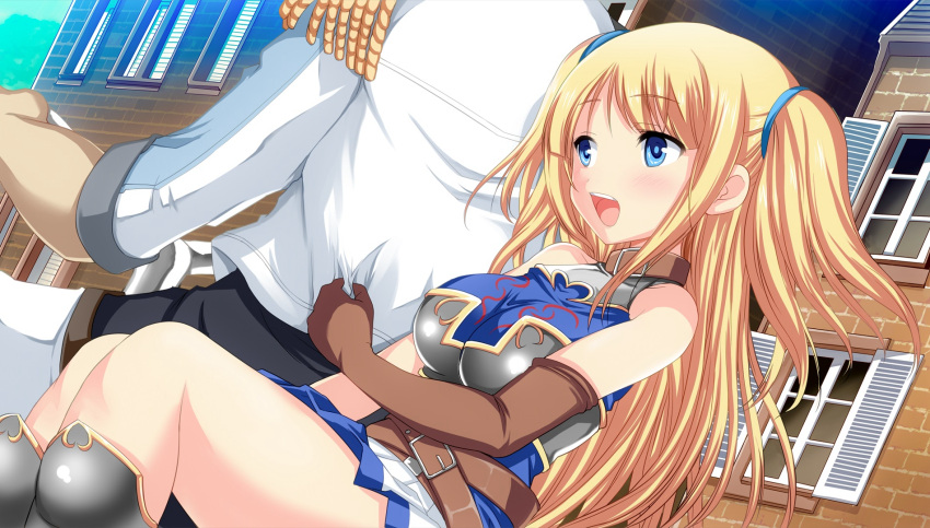 1boy, 1girl, :d, belt, belt_collar, blonde_hair, blue_eyes, blue_skirt