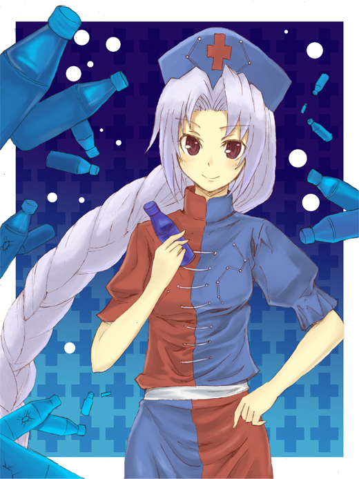bottles, braid, hand_on_hip, hat, kiyuren, long_hair, purple_eyes, silver_hair, smile, touhou, very_long_hair, yagokoro_eirin