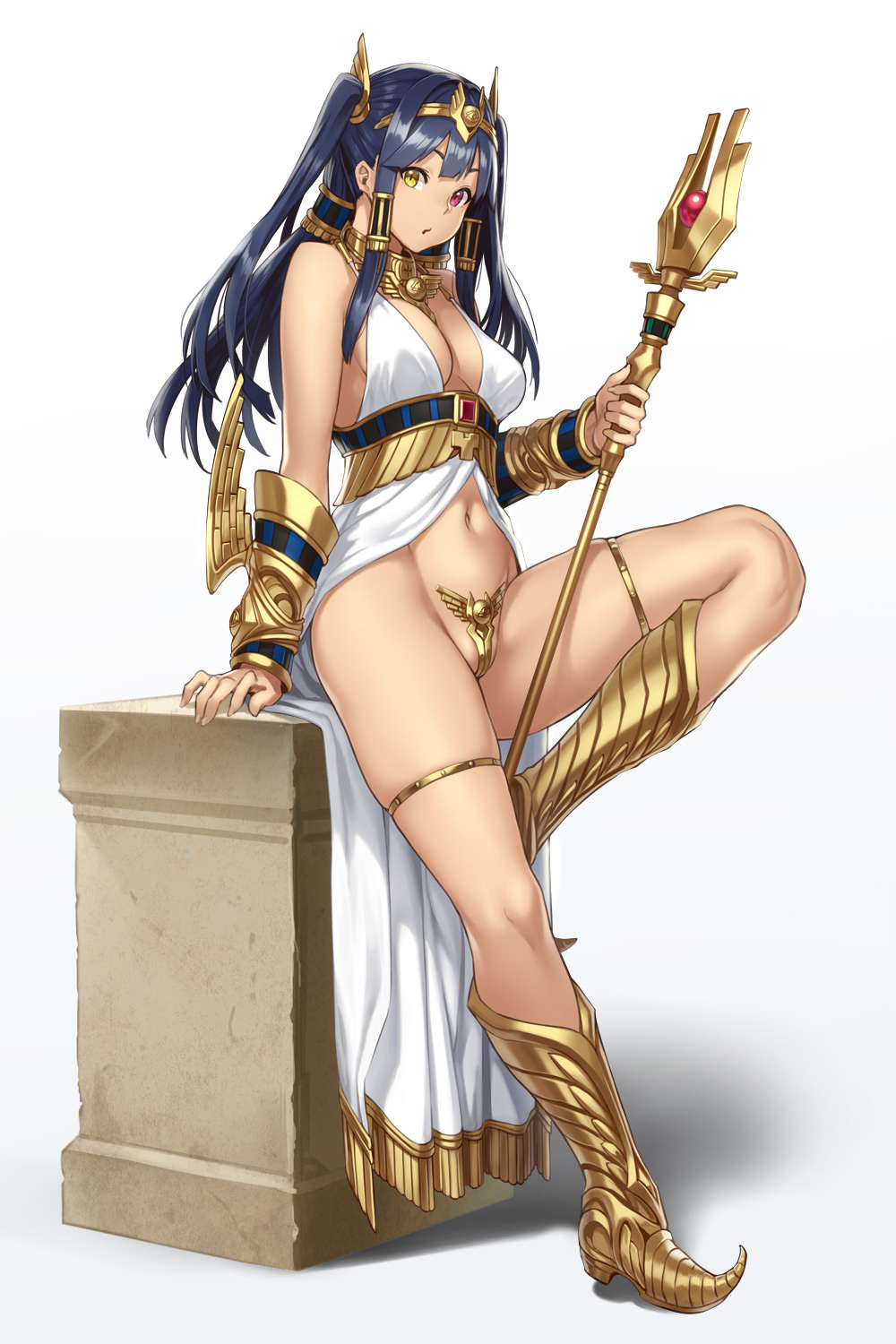 1girl, black_hair, boots, breasts, c-string, egyptian, egyptian_clothes, gold