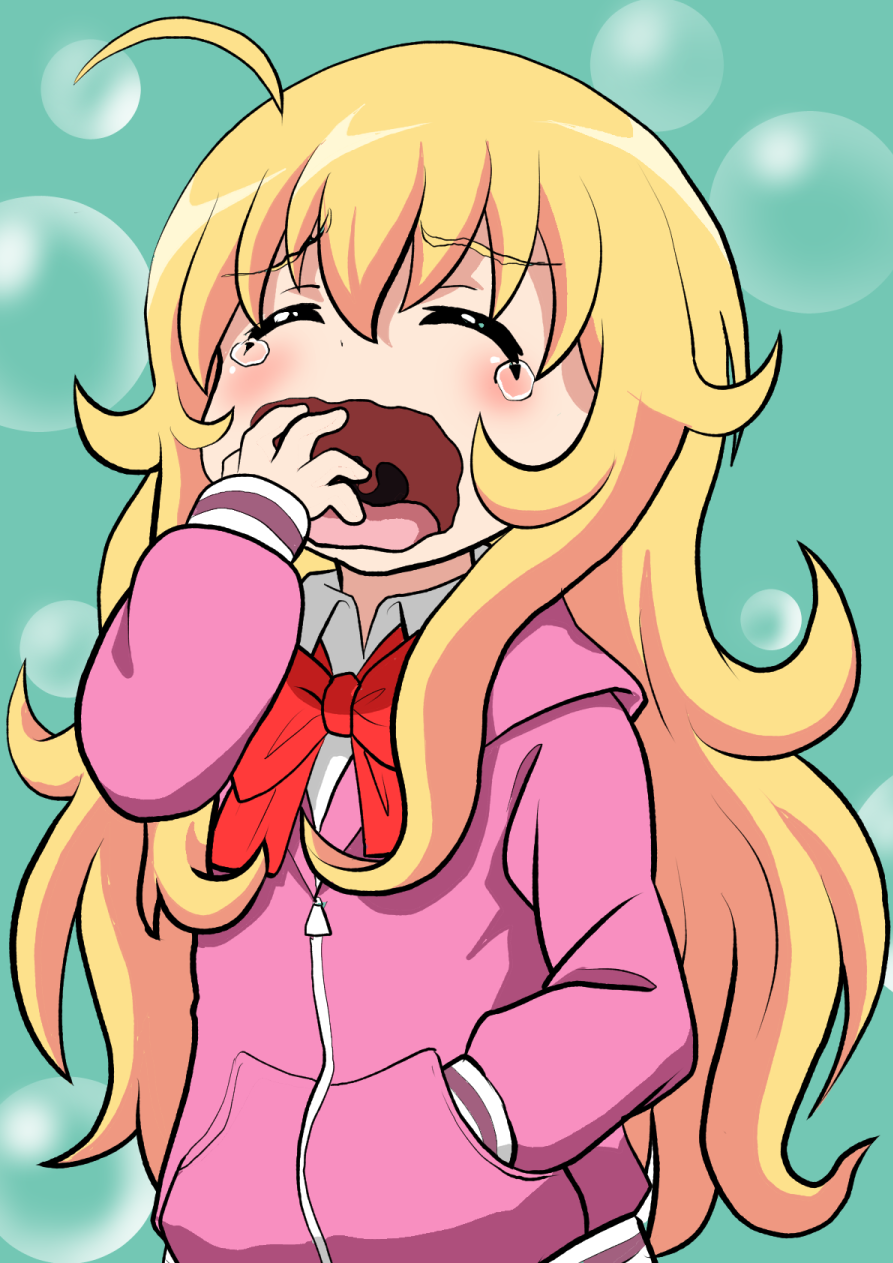 1girl, ahoge, blonde_hair, closed_eyes, gabriel_dropout, hand_in_pocket, highres, hood