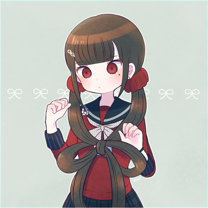 1girl, aqua_border, artist_name, ayu_(mog), bangs, black_hair, blunt_bangs, border