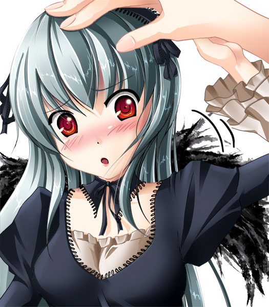 chibimame, dress, frills, hairband, hand_on_head, petite, petting, red_eyes