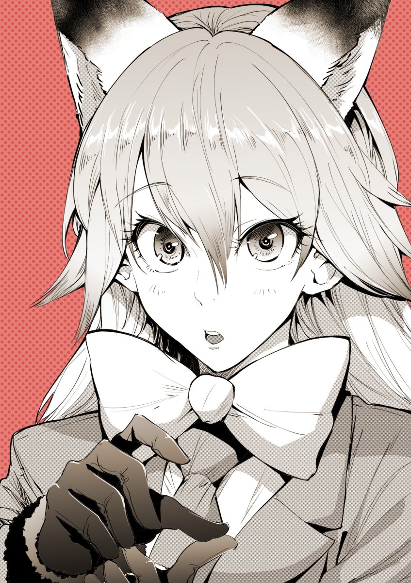 1girl, animal_ears, blazer, bonkara_(sokuseki_maou), bow, commentary_request, ezo_red_fox_(kemono_friends), fox_ears