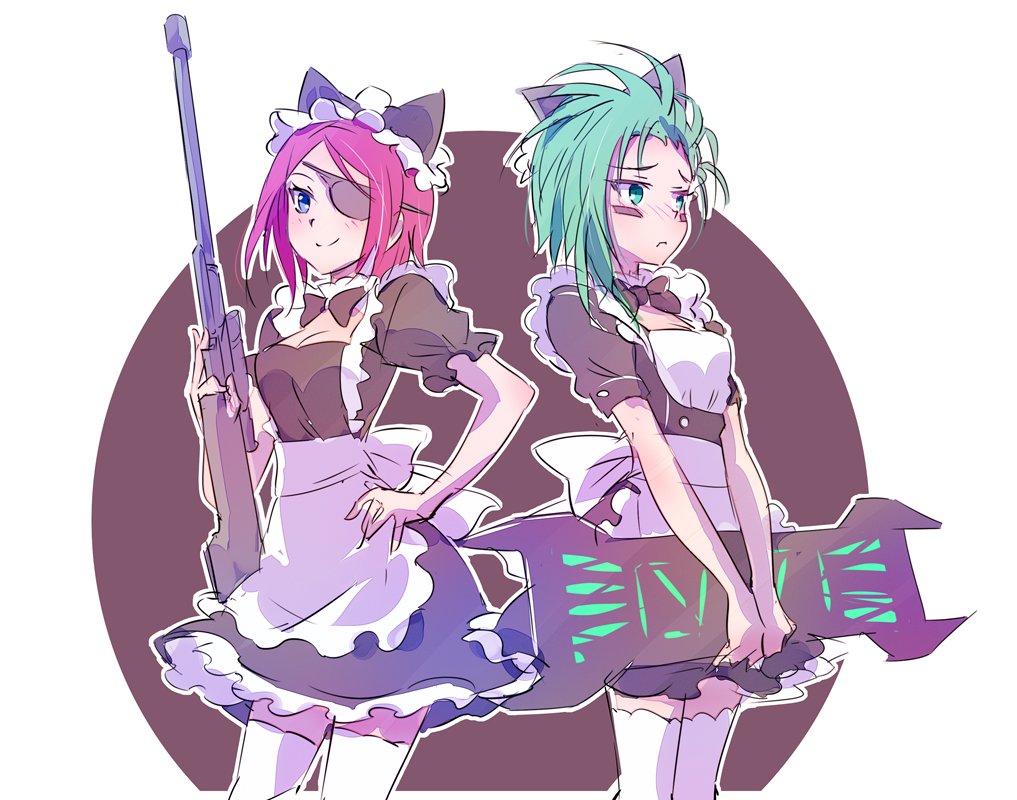 2girls, apron, aqua_eyes, aqua_hair, blue_eyes, blush, bow, bowtie