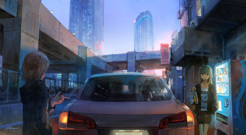 2girls, arm_at_side, arm_up, black_jacket, black_shorts, book, bridge, brown_eyes