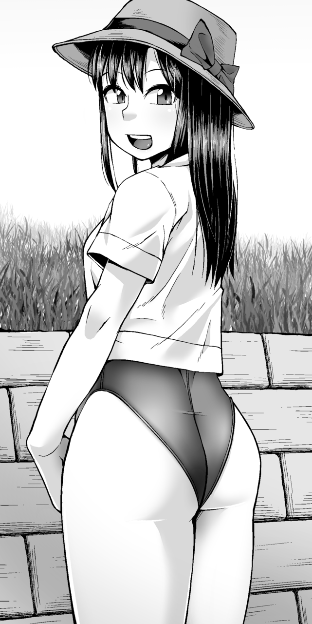 1girl, :d, ass, bangs, bucket_hat, cowboy_shot, crop_top, eyebrows_visible_through_hair