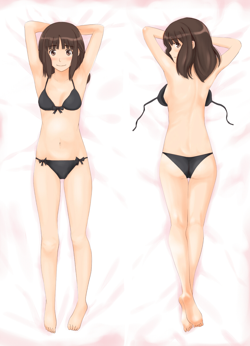 1girl, amagami, arm_pillow, ass, barefoot, bikini, blush, bow_bikini
