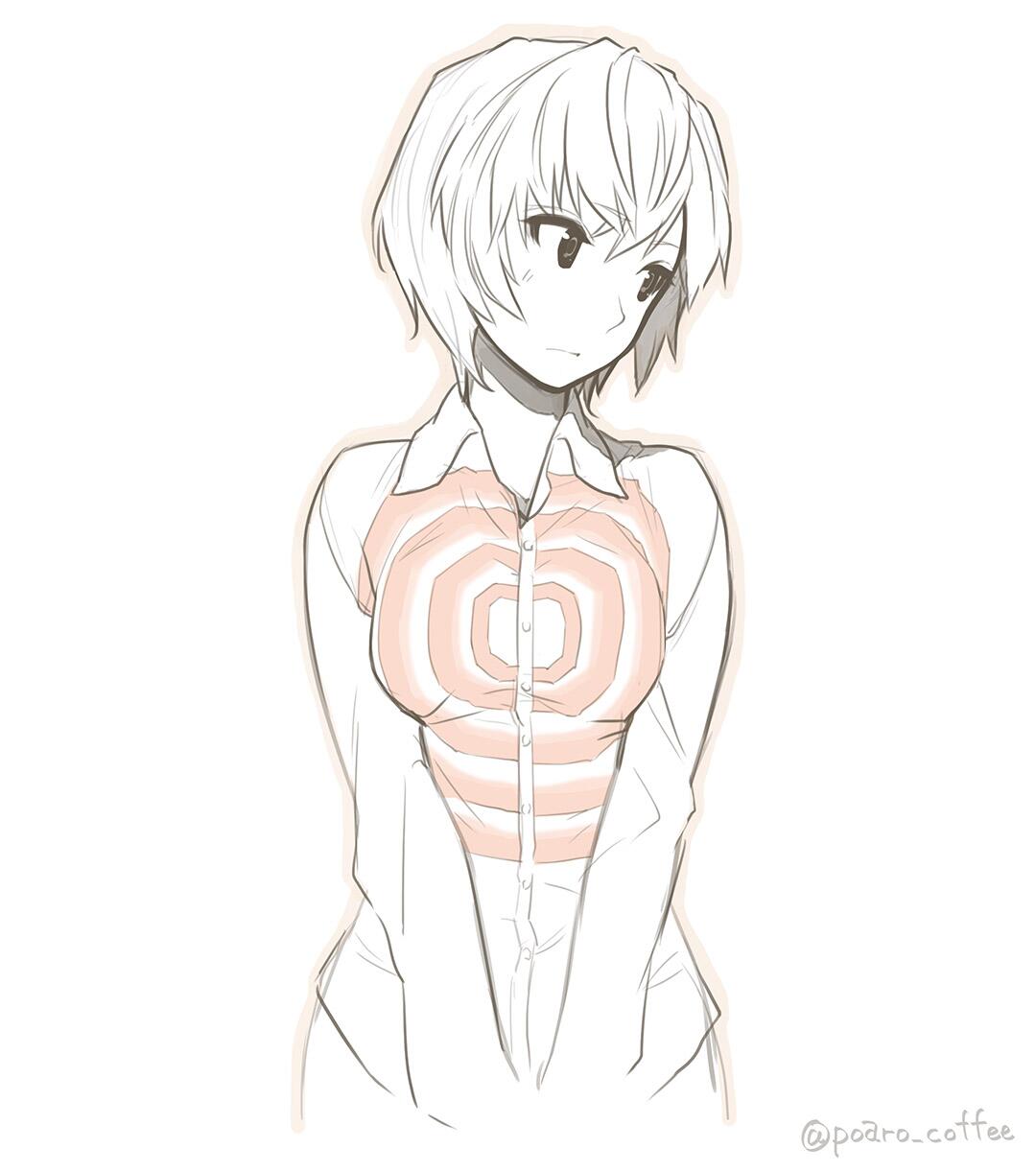 1girl, at_field, ayanami_rei, blush, commentary, dress_shirt, highres, looking_away