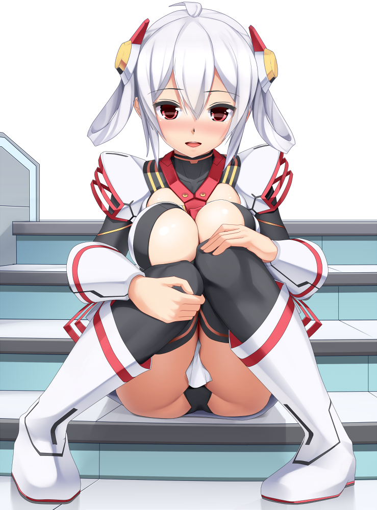1girl, :d, black_legwear, blush, boots, breasts, cleavage, cleavage_cutout, edea_cluster, eto, full_body, hair_between_eyes, hair_rings, hands_on_own_knees, knees_together_feet_apart, large_breasts, looking_at_viewer, matoi_(pso2), nose_blush, open_mouth, phantasy_star, phantasy_star_online_2, red_eyes, revision, short_hair, silver_hair, sitting, smile, solo, stairs, thigh-highs, white_background