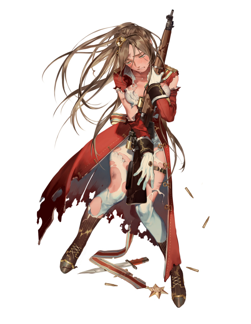 1girl, blush, boots, bra, braid, breasts, brown_boots, bullet