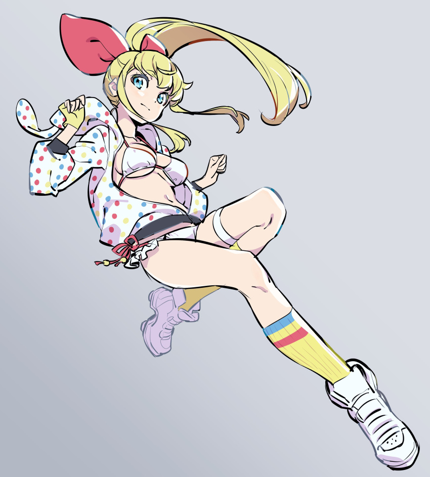1girl, absurdres, bikini, blonde_hair, blue_eyes, commentary_request, fingerless_gloves, gloves
