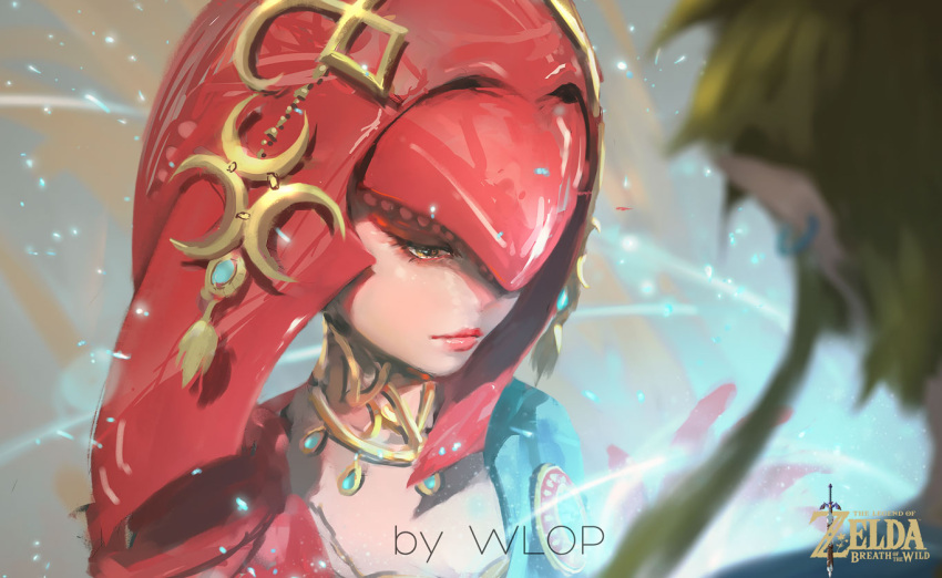 1boy, 1girl, commentary, downcast_eyes, eyelashes, fish_girl, gorget, hair_ornament, hair_over_one_eye, link, lips, long_hair, mipha, monster_girl, multicolored, multicolored_skin, no_eyebrows, red_skin, redhead, sad, solo_focus, the_legend_of_zelda, the_legend_of_zelda:_breath_of_the_wild, white_skin, wlop, yellow_eyes, zora