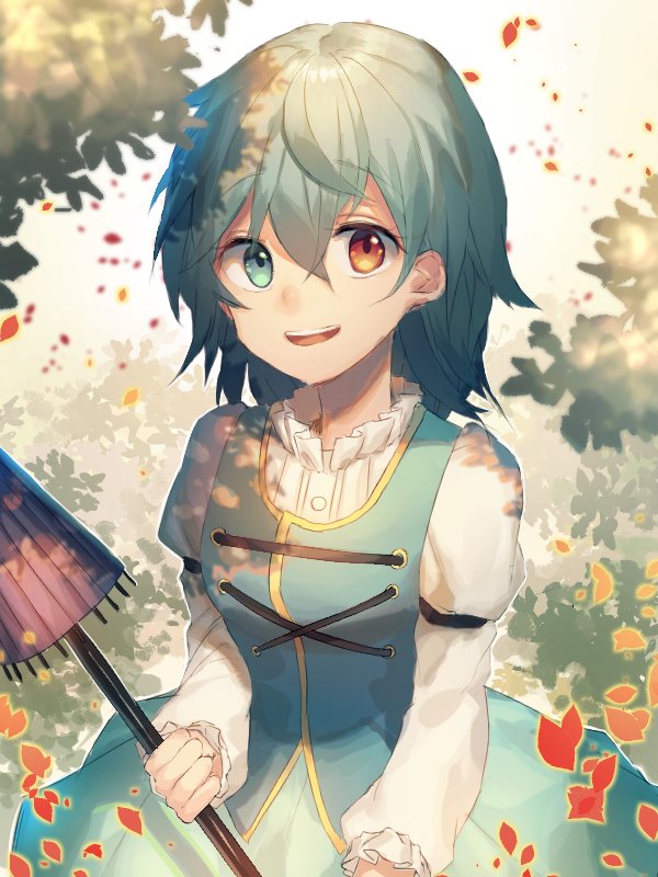 1girl, :d, blue_eyes, blue_hair, blush, bodice, commentary, happy