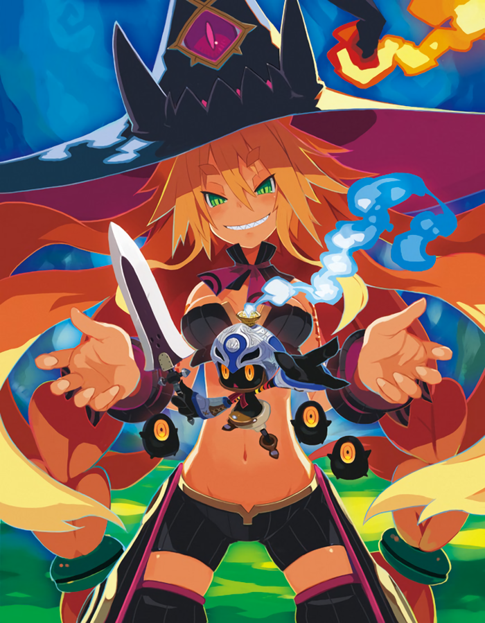 1girl, blonde_hair, braid, breasts, cleavage, cowboy_shot, detached_collar, floating_hair, green_eyes, grin, harada_takehito, hat, helmet, holding, holding_sword, holding_weapon, hyakkihei, long_hair, majo_to_hyakkihei, medium_breasts, metallica_(majo_to_hyakkihei), navel, official_art, outstretched_arm, sharp_teeth, smile, sword, teeth, thick_eyebrows, twin_braids, very_long_hair, weapon, witch_hat