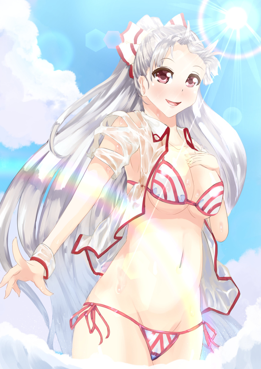 1girl, absurdres, amatou3, bikini, blush, bow, breasts, cleavage